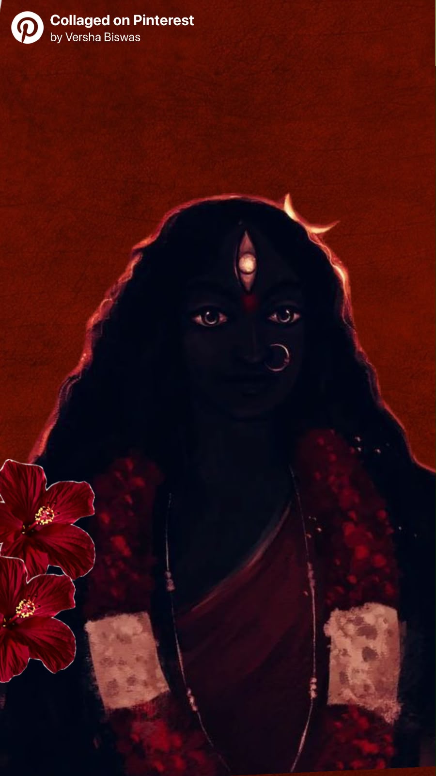 A luminous illustration of Maa Tara — the Bengali mother goddess — crowned with a crescent moon and the third eye.